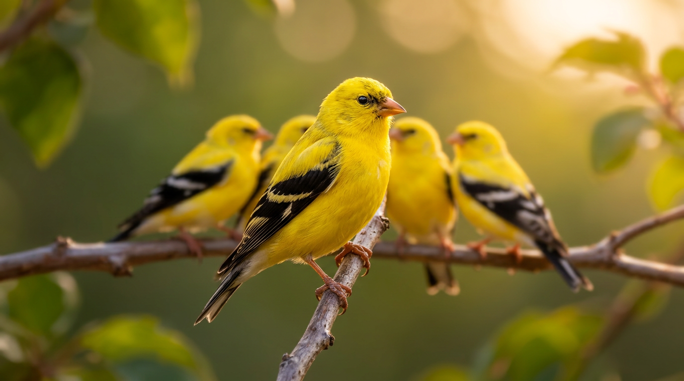A charm of American goldfinches perched together on a branch in golden light, with one finch in sharp focus